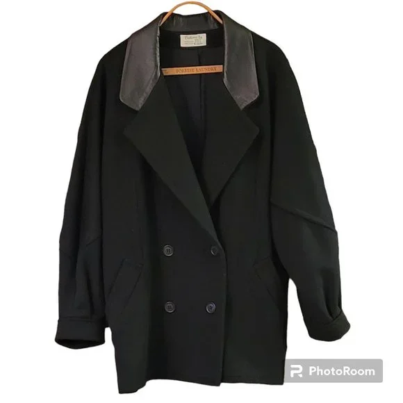 Vintage Black Pure Wool Double Breasted Car Coat with Leather